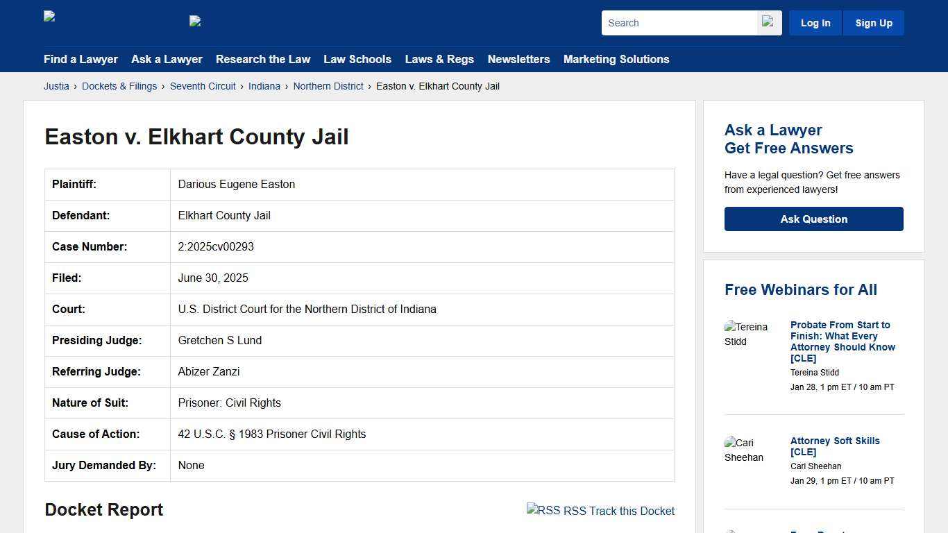 Easton v. Elkhart County Jail 2:2025cv00293 U.S. District Court for the Northern District of Indiana Justia